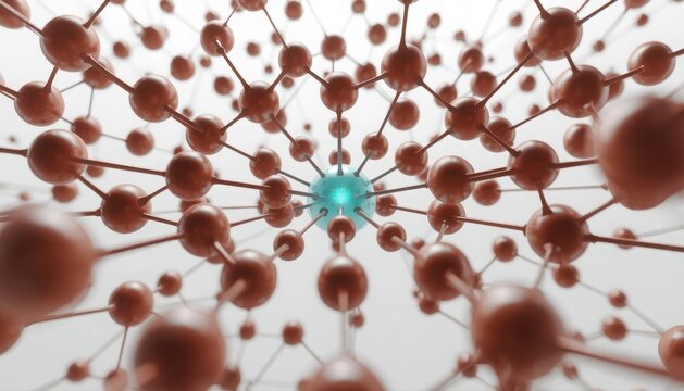 Central glowing cyan particle inside a spreading molecular network structure with molecule chemistry structure connection particle research scientific abstract technology innovation covalent