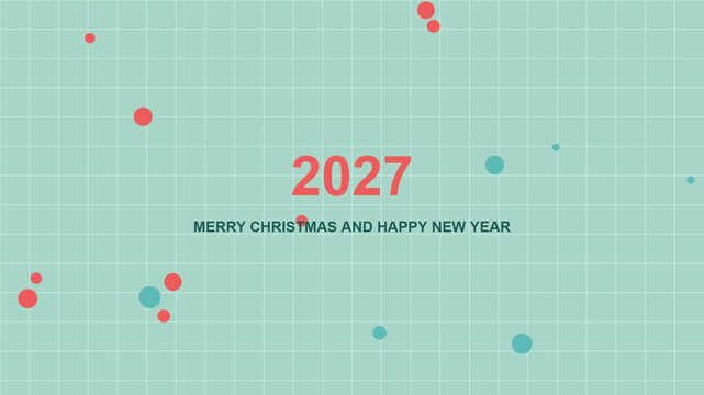 2027 merry christmas and happy new year greeting card with red and blue dots on a light green grid background