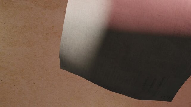 Animated scene of a sheet of paper flying through a room before gently landing on the floor. The camera follows the paper from above, creating a smooth tracking shot with natural movement. Suitable fo