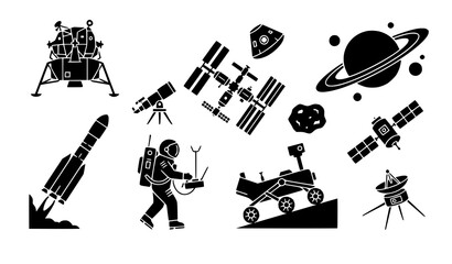 Planetary Exploration Mars Rover Lunar Mission Rocket Black Silhouette Vector © Shapla