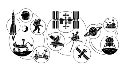Futuristic Space Technology Rocket Rover Astronaut Black Silhouette Vector Icons © Shapla