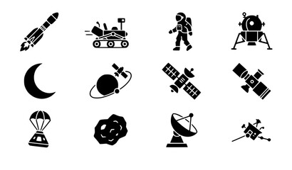 Space Technology Spacecraft Satellite Rover Black Silhouette Vector Icon Set © Shapla