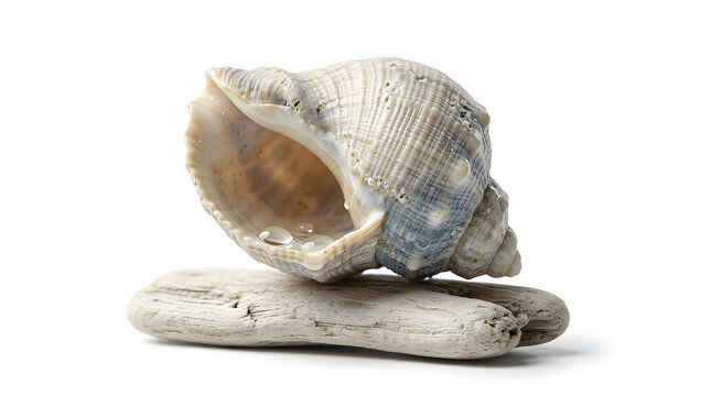 Close-up of a seashell on a rocky surface with isolated transparent background.