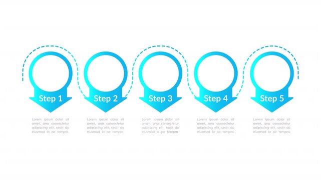 Arrow shaped step pointers empty infographic template animation. Dashed blue tracking line. Symmetrical data mapping. Animated diagram blank design with 5 steps. Info graphic with options. HD video