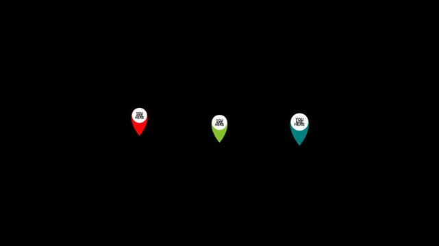 Three colorful map pointer location icons with text you are here on black background