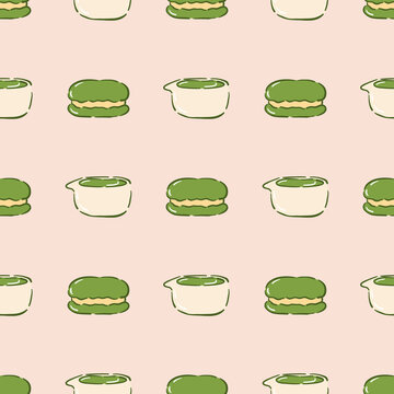 Cute matcha and macaroon on a light beige background. Seamless pattern for wrapping paper.