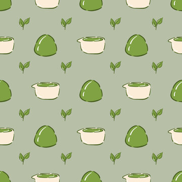 Cute matcha in a ceramic bowl, daifuku, and tea leaves on a light green background. Seamless pattern for wrapping paper.