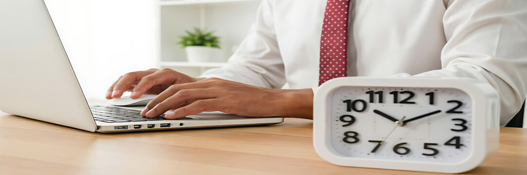 A businessman in a white shirt and red tie typing on a silver laptop with a white analog clock sitting on a wooden desk in an office