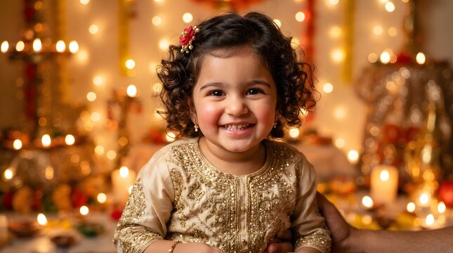 A joyful young girl with curly hair smiling brightly in traditional festive clothing against a background of bokeh diwali lights