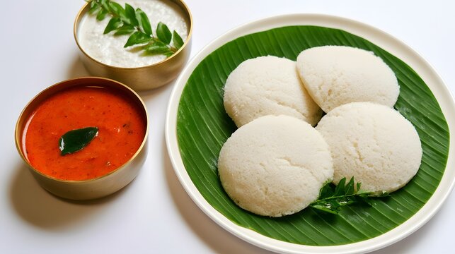 Authentic South Indian breakfast idli sambar chutney on banana leaf a vibrant healthy culinary still life
