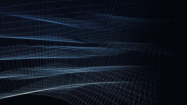 deep blue abstract motion background featuring a geometric node network that smoothly morphs between structured lattices and clustered formations. Includes dark adaptive copy space for presentations.
