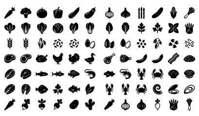 Obraz premium organic, food, agriculture, plant, vegetable, grain, meat, fish, greens, herb, seed, crop, farming, healthy, nutrition, grocery, natural, produce, vegan, farming, black, icon, vector, illustration, is