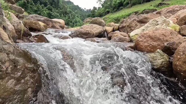 Fresh natural mountain stream flowing over rocks in a lush green forest. Scenic water stream footage in tropical nature.