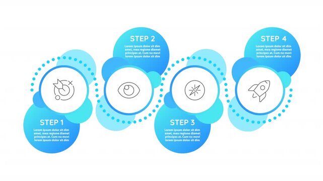 Wavy interconnected circular pathway empty infographic template animation. Alternating high and low circles. Animated diagram blank design with 4 steps. Info graphic with options. HD video