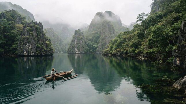 Traditional outrigger canoe crossing a tranquil emerald lagoon surrounded by towering jungle covered limestone cliffs and atmospheric tropical mist.