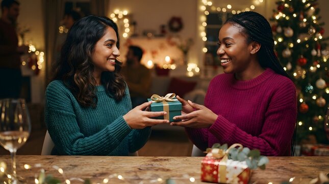Two smiling women exchanging a gift box in a cozy living room decorated for christmas
