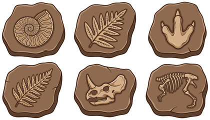 Prehistoric Dinosaur Fossil Vector Set Featuring Ammonite Shell Fern Leaves Triceratops Skull Footprint And Skeleton Imprints In Rock Slabs © mdariful