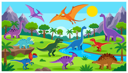 Prehistoric Dinosaur Valley Landscape Vector Illustration Featuring Tyrannosaurus Rex Triceratops Brachiosaurus Stegosaurus And Flying Pterodactyls © mdariful