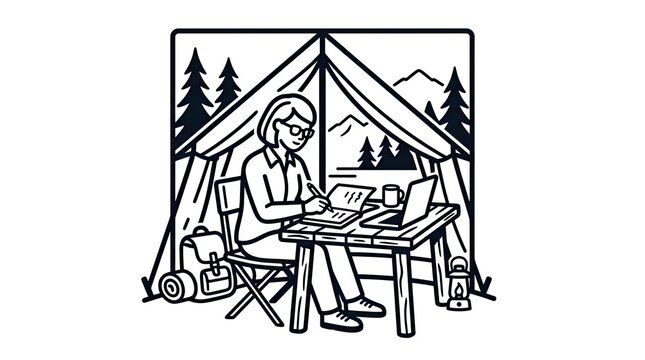 Remote worker using laptop inside camping tent outdoors.