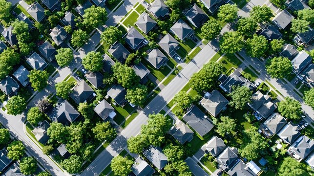 Aerial view of a green suburban neighborhood with houses and trees from above