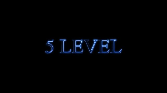 neon Level-5 text inside a horizontal banner on black background. level 5 text icon animation. Neon level up sign. neon next Level text.Level Thirty six text font with glowing neon light.Level