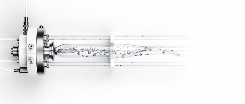 Panoramic 21:9 3D render of a nanoparticle drug delivery system microfluidic module on the far left with clean white copy space