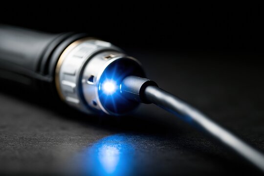 Close-up of a high-tech medical device with a bright blue LED light on a dark background