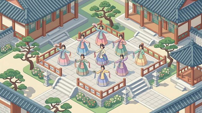 Korean women performing a traditional dance in a palace courtyard