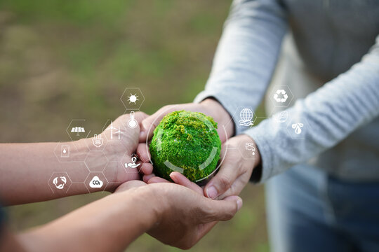 Hands Together Holding Green Earth for Sustainability