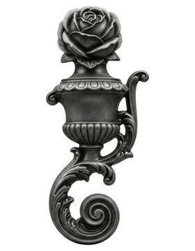 Antique metal rose flower ornament with scroll on a transparent background