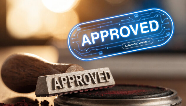Close-up of a rubber stamp reading "APPROVED" resting permanently next to a dusty ink pad, while an automated digital workflow stamp graphic floats digitally overhead.  