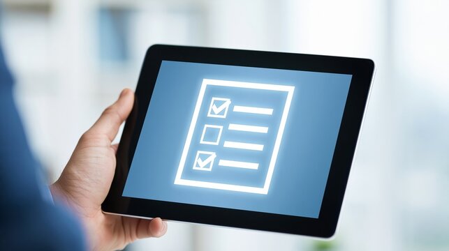 Person holding a tablet displaying a digital checklist with checkboxes and lines, symbolizing task completion