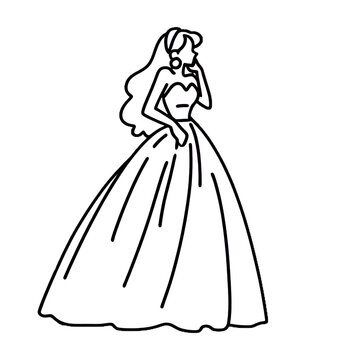 Elegant Bride in Voluminous Ball Gown Wedding Dress Line Art. Generated by AI.