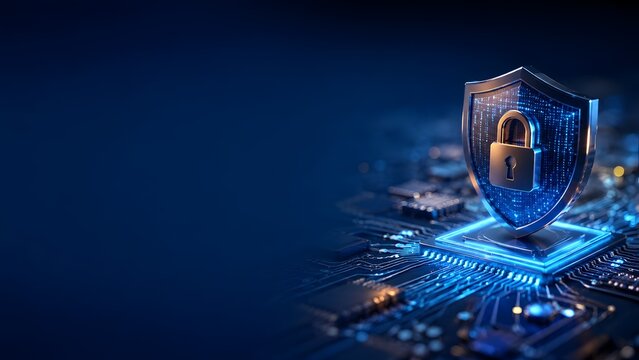 Digital shield with padlock on circuit board, cyber security concept