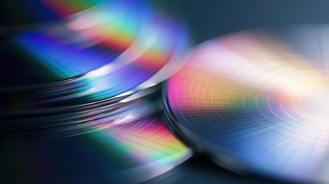 Abstract close-up of stacked optical discs reflecting vibrant rainbow spectrum light with motion blur