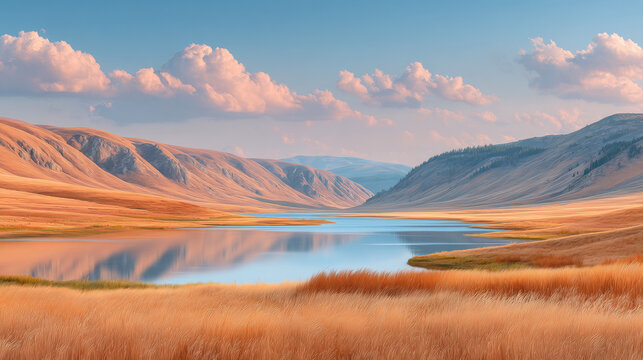 This is a serene natural landscape, with calm mirror-like lake water reflecting rolling warm golden-brown hills, vast golden grassland stretching across the foreground, and soft pink clouds floating 