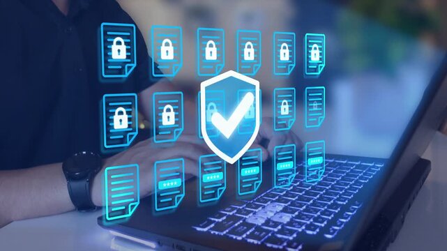 Data security specialist protecting sensitive corporate documents with firewall shield. information privacy, encryption, and digital asset defense. 