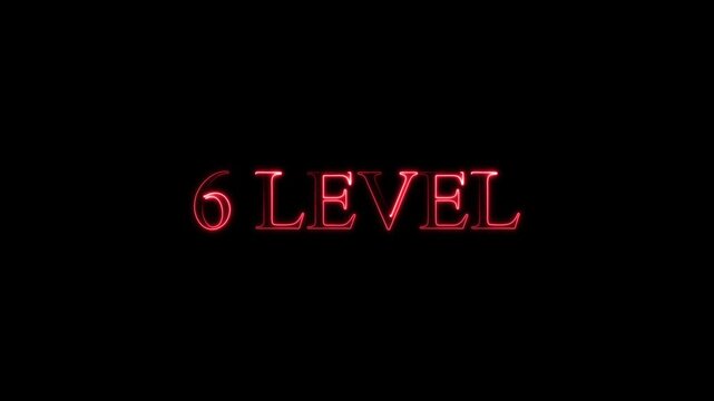 neon Level-6 text inside a horizontal banner on black background. level 6  text icon animation. Neon level up sign. neon next Level text.Level Thirty six text font with glowing neon light.Level