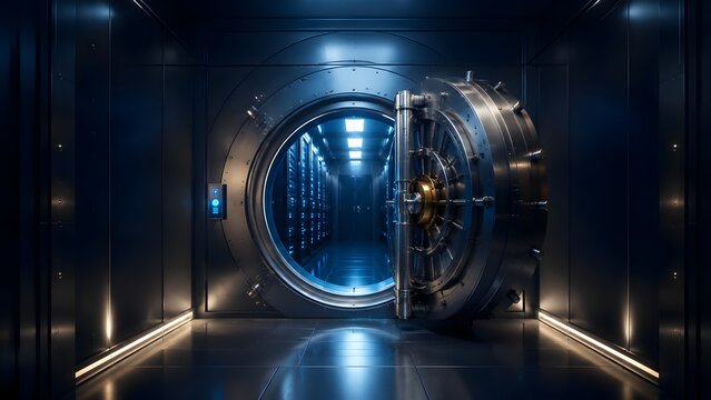 Open bank vault door revealing server room with blue lights