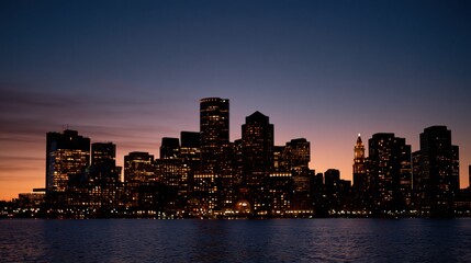 Fototapeta premium Illuminated City Skyline at Dusk Over Calm Water, Urban Landscape View