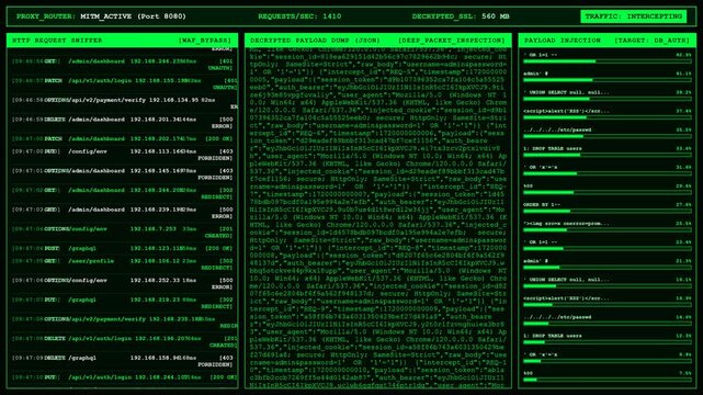 Proxy Router MITM Attack Payload Injection Animation.