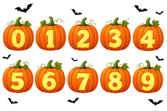 Cartoon pumpkin number set 0-9, orange Halloween jack o lantern digits illustration, kids counting math stickers isolated PNG with Transparent Background