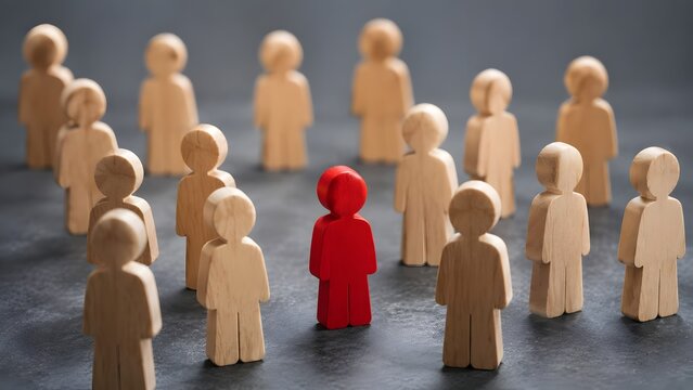 Distinctive red wooden figure standing out from a crowd of neutral figures showing leadership