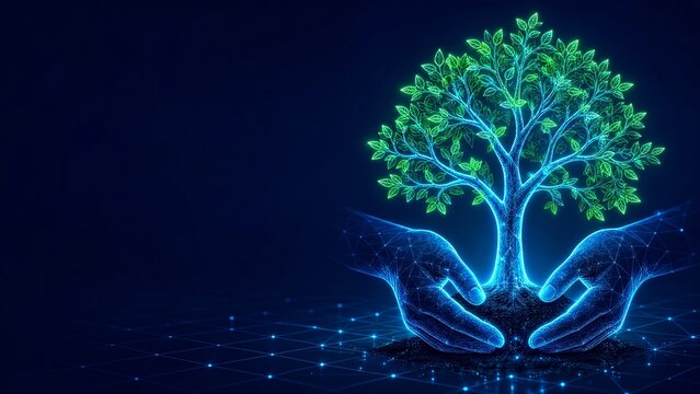 Isometric neon volunteer figures seen from behind planting a radiant tree with connected community support nodes 3D charity volunteering and environment concept with copy space