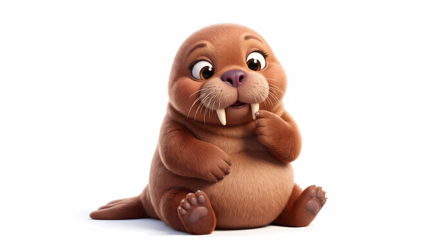 Cute Baby Walrus Touching Tusks Isolated on White Background Adorable Arctic Marine Mammal Mascot Concept 3D