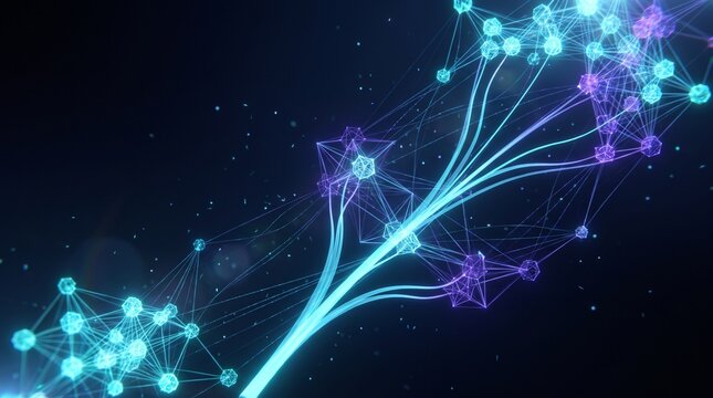 Abstract digital network connections glowing blue and purple geometric nodes floating in dark space with data