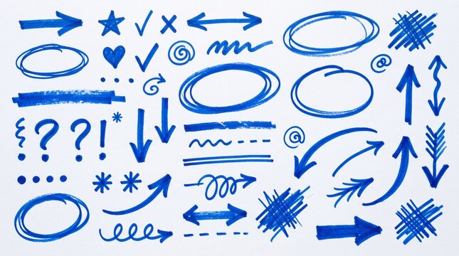 Colecci&oacute;n de elementos gr&aacute;ficos dibujados a mano con marcador azul sobre fondo blanco: flechas, c&iacute;rculos, rayas, estrellas y s&iacute;mbolos para edici&oacute;n de video.