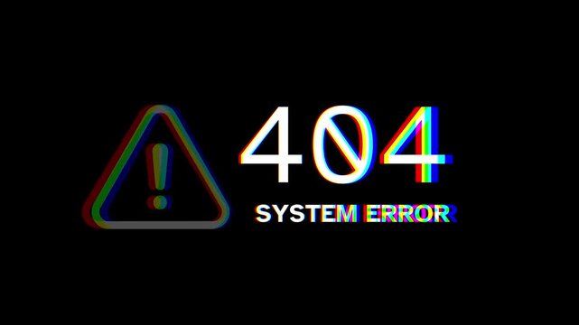 404 System Error Glitch Effect with Warning Sign and Distorted Text Indicating a Page Not Found