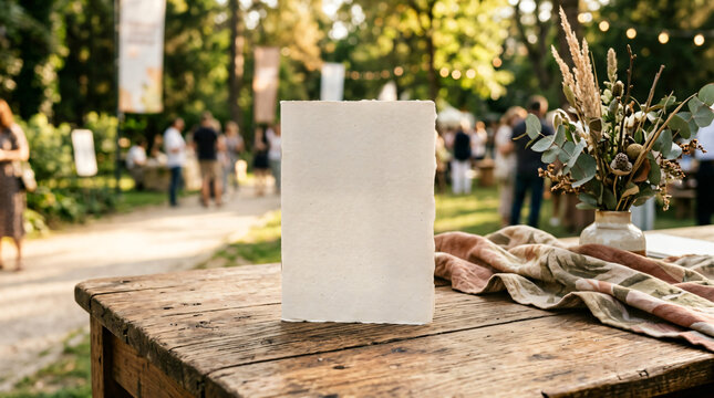 Blank textured menu card on rustic wooden table at outdoor garden event