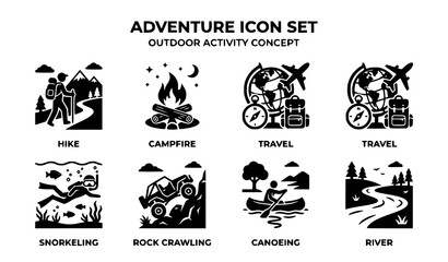 Fototapeta premium Adventure Icon Set Hike Campfire Travel Snorkeling Rock Crawling Canoeing River Outdoor Vector Collection